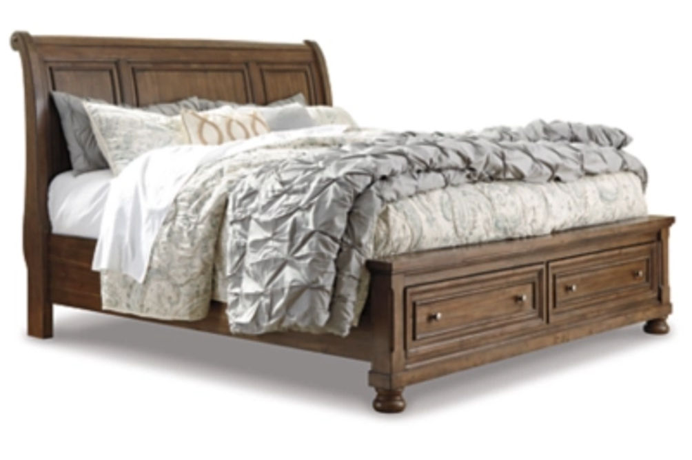Flynnter California King Sleigh Bed with 2 Storage Drawers-Medium Brown