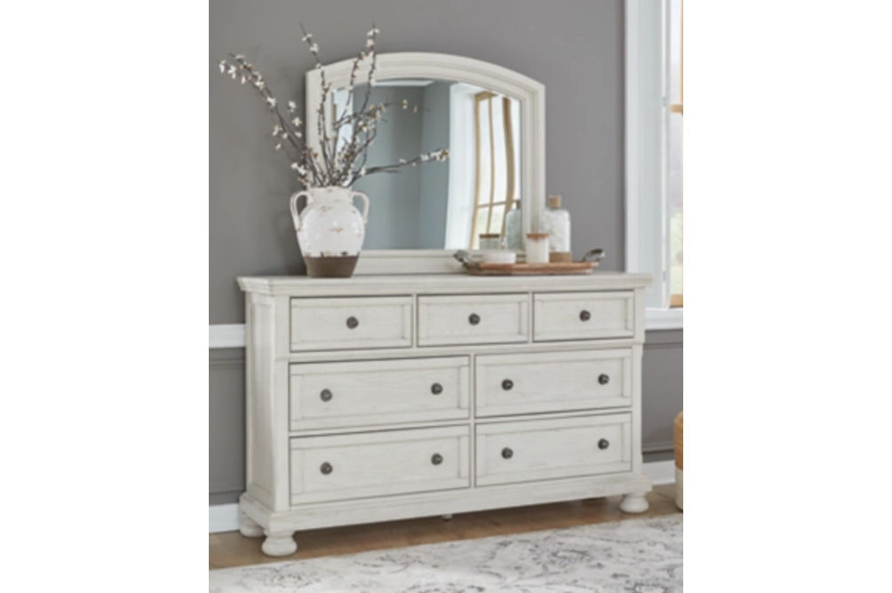 Robbinsdale King Panel Storage Bed, Dresser and Mirror-Antique White