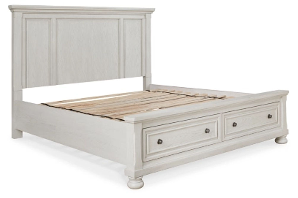 Robbinsdale King Panel Storage Bed, Dresser and Mirror-Antique White