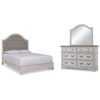 Brollyn Queen Upholstered Panel Bed, Dresser and Mirror-