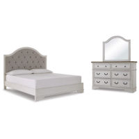 Brollyn California King Upholstered Panel Bed, Dresser and Mirror-