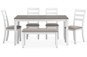 Stonehollow Dining Table and Chairs with Bench (Set of 6)-White/Gray