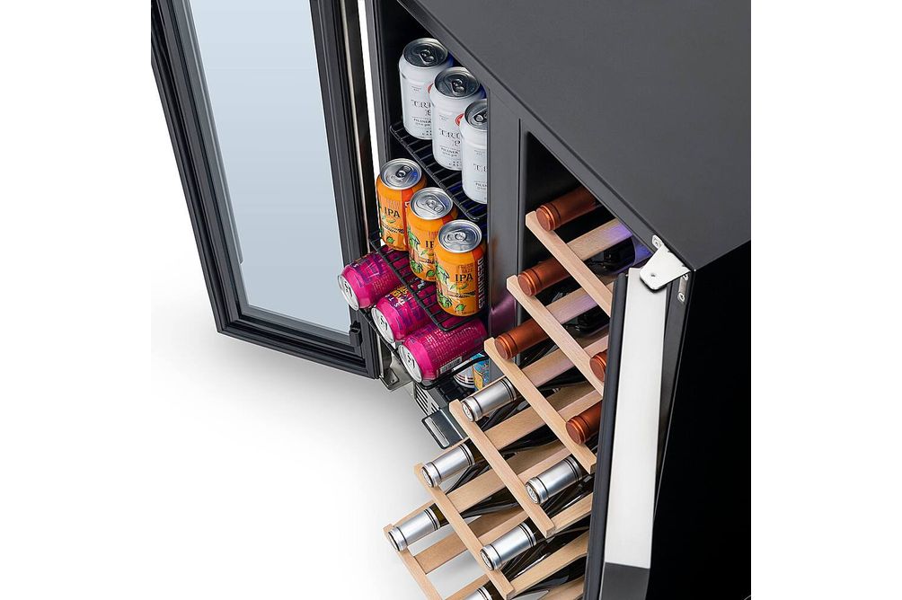 NewAir - 18-Bottle or 58-Can French Door Dual Zone Wine Refrigerator with SplitShelf and Beech Wood