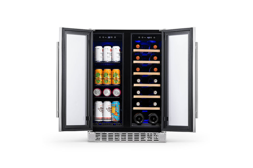 NewAir - 18-Bottle or 58-Can French Door Dual Zone Wine Refrigerator with SplitShelf and Beech Wood