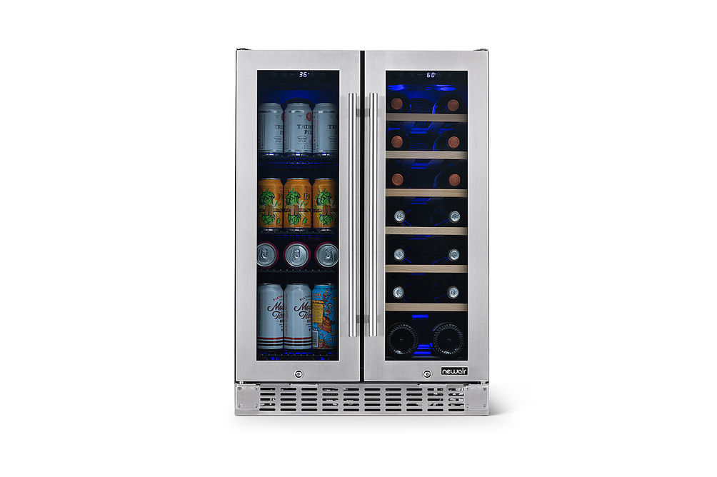 NewAir - 18-Bottle or 58-Can French Door Dual Zone Wine Refrigerator with SplitShelf and Beech Wood