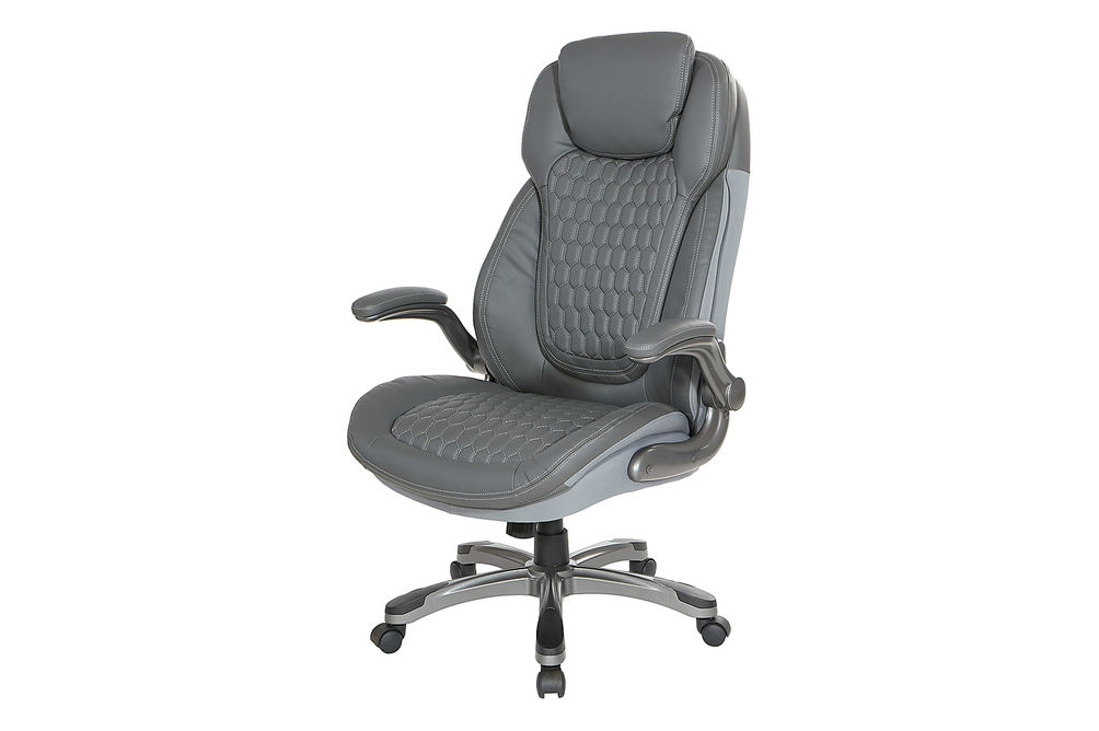 Office Star Products - Executive High Back Chair with Bonded Leather and Flip Arms - Grey