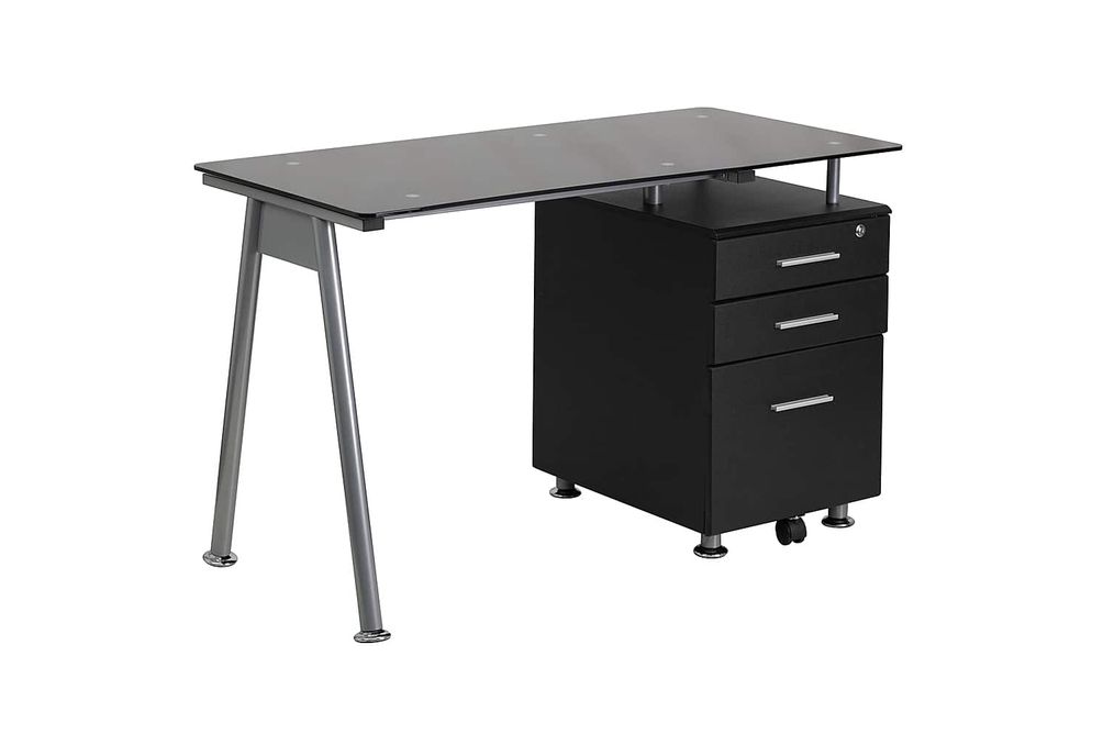 Flash Furniture - Glass Computer Desk with Three Drawer Pedestal - Black