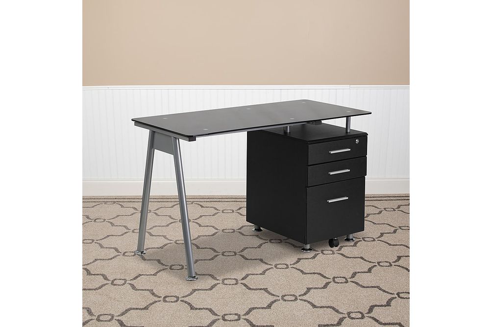 Flash Furniture - Glass Computer Desk with Three Drawer Pedestal - Black