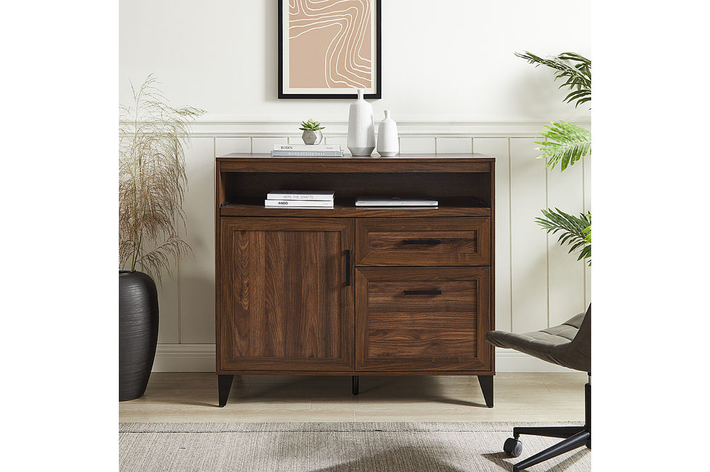 Walker Edison - Modern Storage Secretary Desk with Gliding Shelf - Dark Walnut