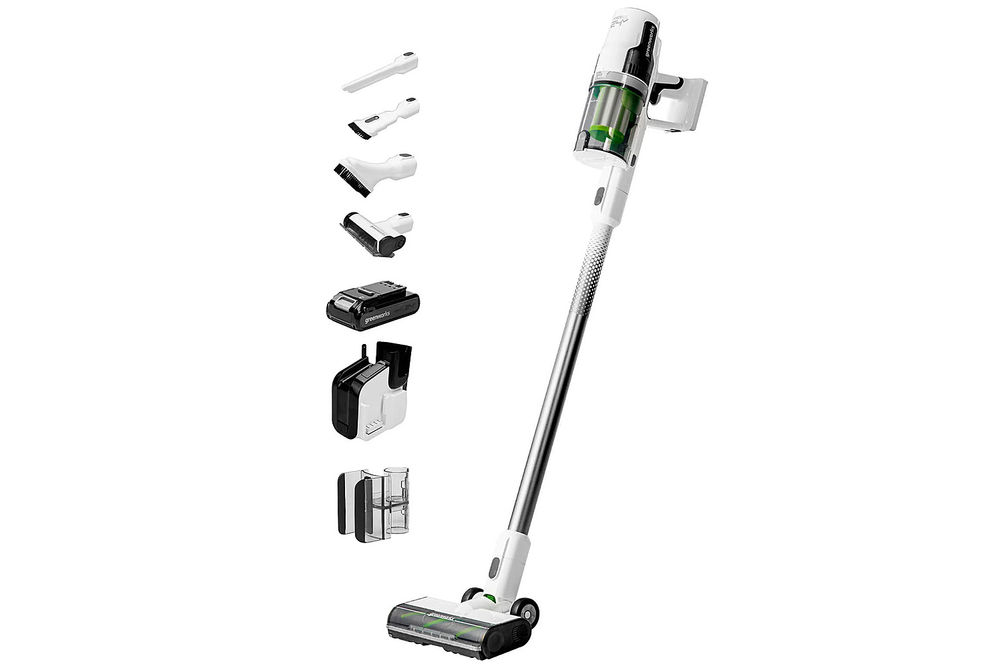 Greenworks - 24 Volt Stick Vacuum with 4ah Battery, Attachments, & Charger - White