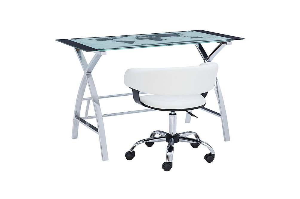 Linon Home Dcor - Walton Map Printed Glass Desk Set With Faux Leather Gas Lift Chair - White & Chr