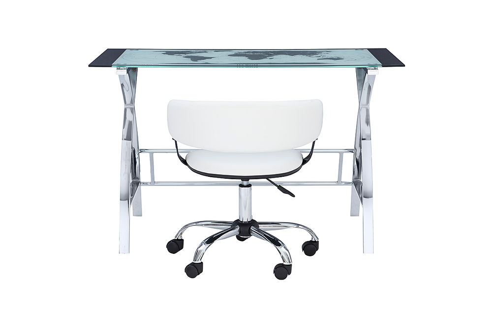 Linon Home Dcor - Walton Map Printed Glass Desk Set With Faux Leather Gas Lift Chair - White & Chr