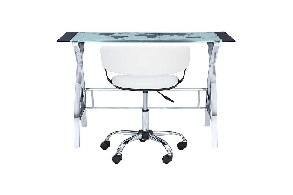 Linon Home Dcor - Walton Map Printed Glass Desk Set With Faux Leather Gas Lift Chair - White & Chr