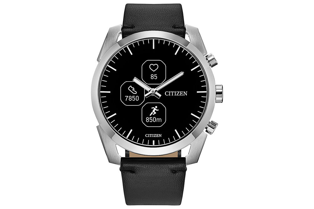 Citizen - CZ Smart Unisex Hybrid 42.5mm Stainless Steel Smartwatch with Black Leather Strap - Silve