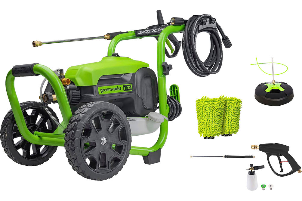 Greenworks - Electric Pressure Washer up to 3000 PSI at 2.0 GPM Combo Kit with short gun, mitts, an