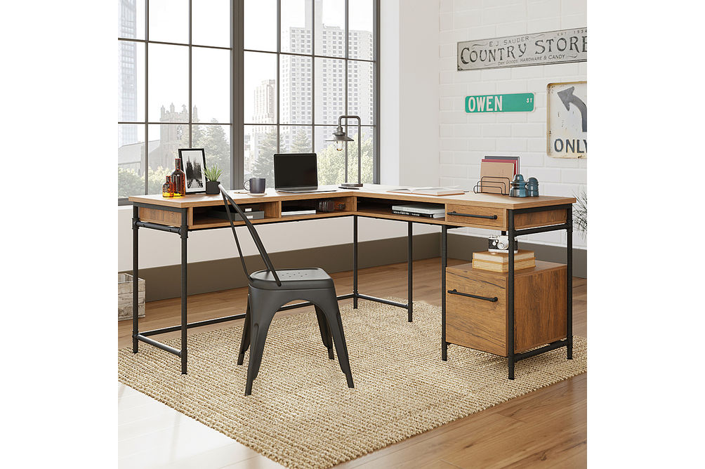 Sauder - Iron City L Desk Checked Oak - SGS Mixed Mat Checked Oak