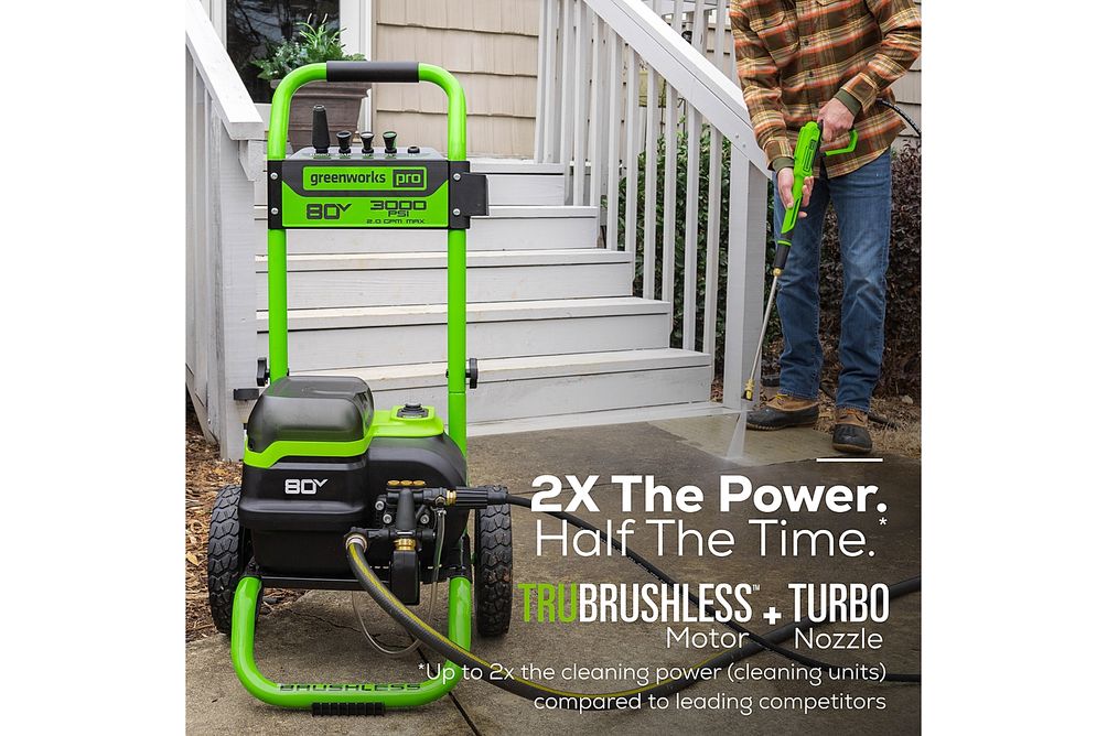 Greenworks 80V 3000 PSI Pressure Washer with Two (2) 4.0Ah Batteries & Dual-Port Rapid Charger - Bl