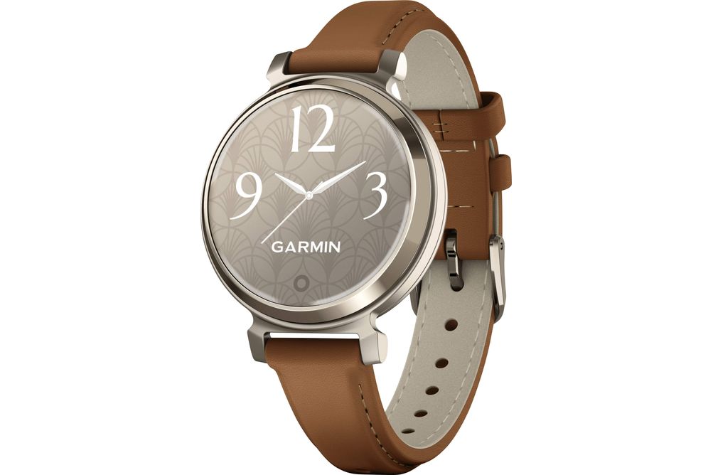 Garmin - Lily 2 Classic Smartwatch 34 mm Anodized Aluminum - Cream Gold with Tan Leather Band