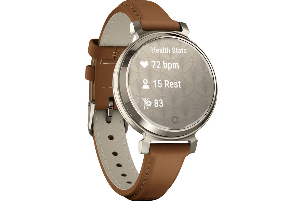 Garmin - Lily 2 Classic Smartwatch 34 mm Anodized Aluminum - Cream Gold with Tan Leather Band