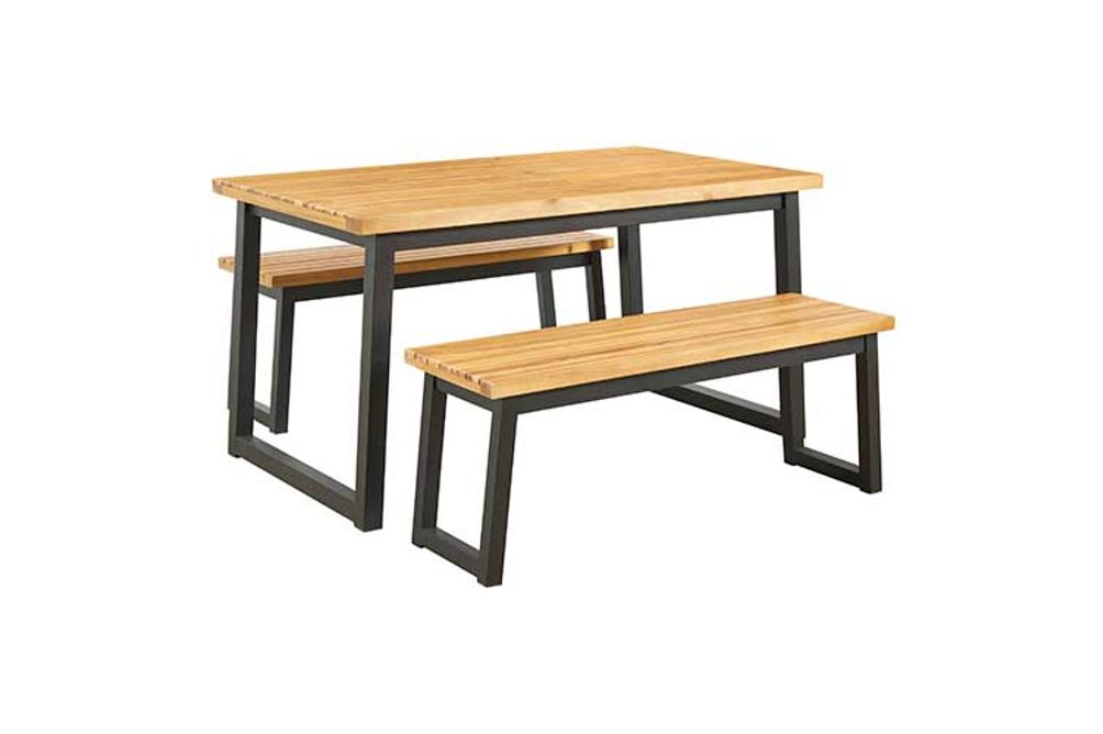 3PC Town Wood Dining Table Set W/ 2 Benches