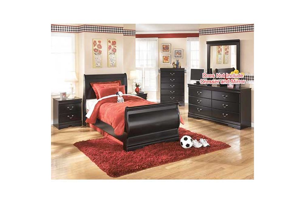 Huey Vineyard Twin Sleigh Bed with Chest of Drawers and Nightstand-Black