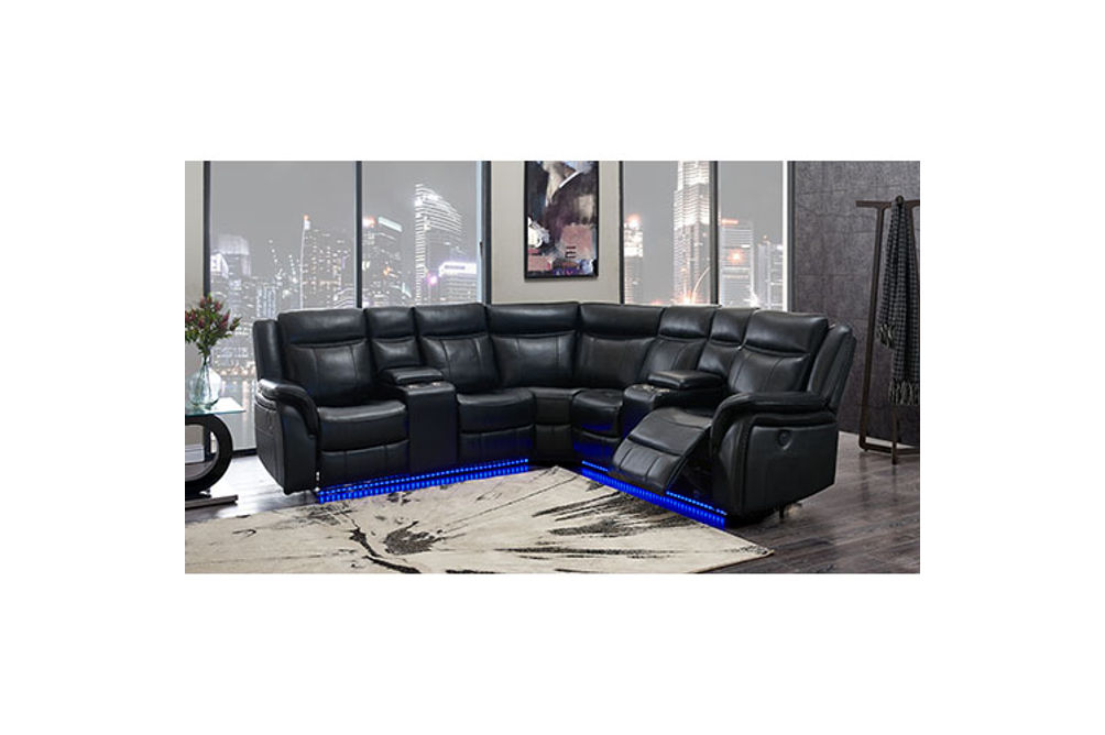 UM02 Power Reclining Leather Sectional, Black