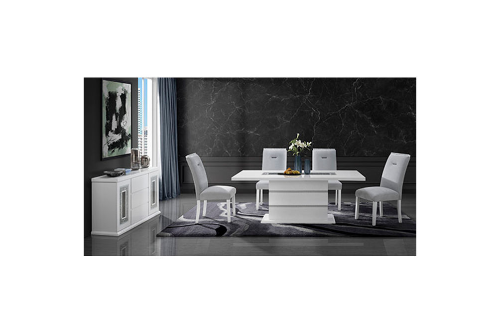 7PC MONACO WHITE DINING TABLE & CHAIRS(6), WHT/GRY