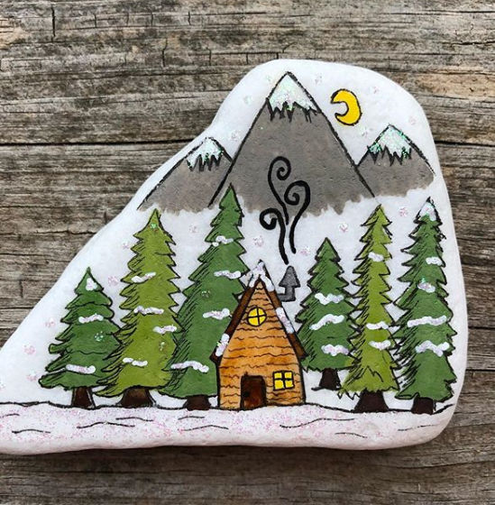75+ of the Best Christmas Painted Rocks of Instagram 30 cabin in the mountains painted rock