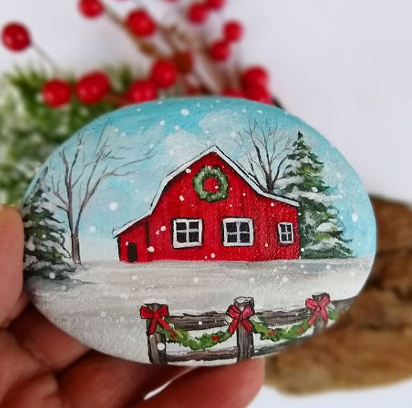 75+ of the Best Christmas Painted Rocks of Instagram 15 winter red barn painted rock