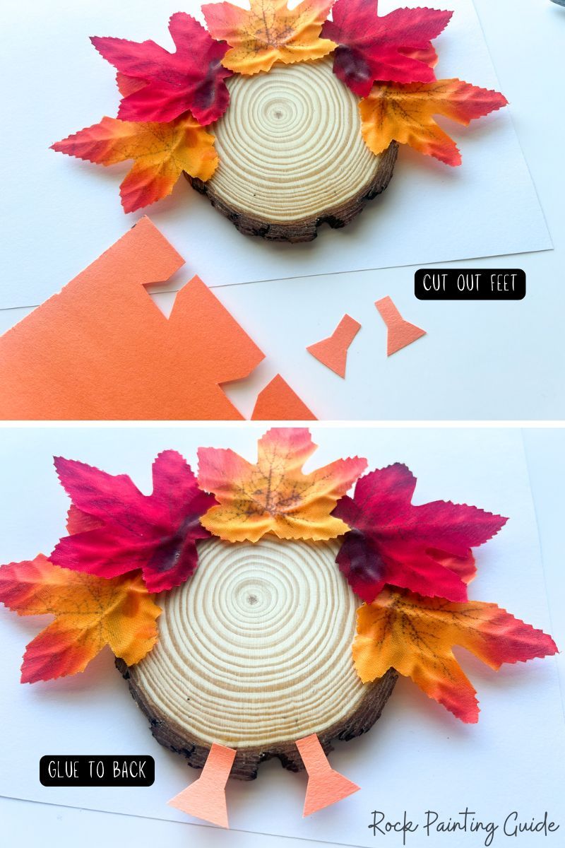 Easy Dollar Tree Wood Slice Turkey Craft for Kids 6 cut out feet and glue to back of wood slice turkey