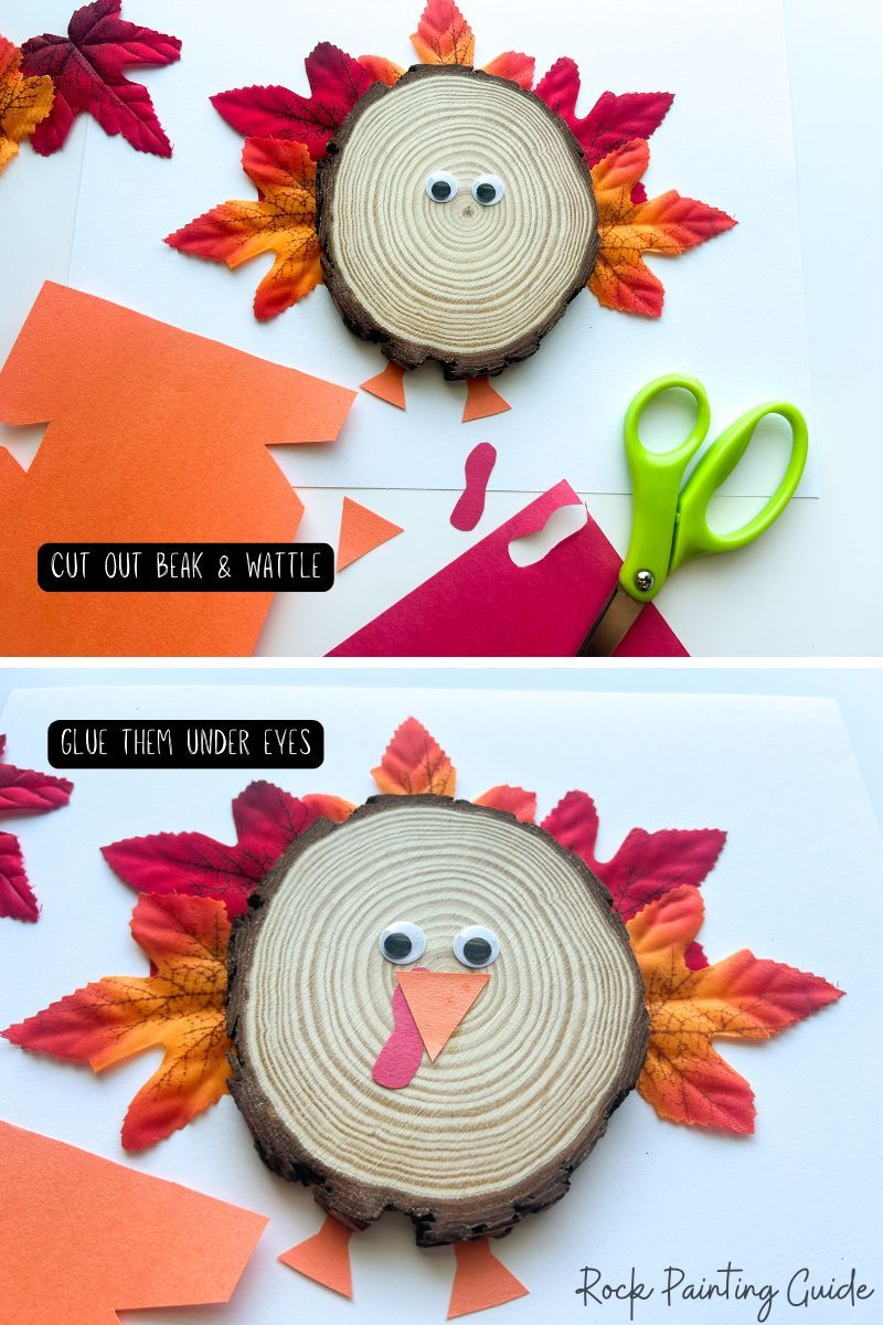 Easy Dollar Tree Wood Slice Turkey Craft for Kids 8 cut out and glue beak wattle to wood slice turkey