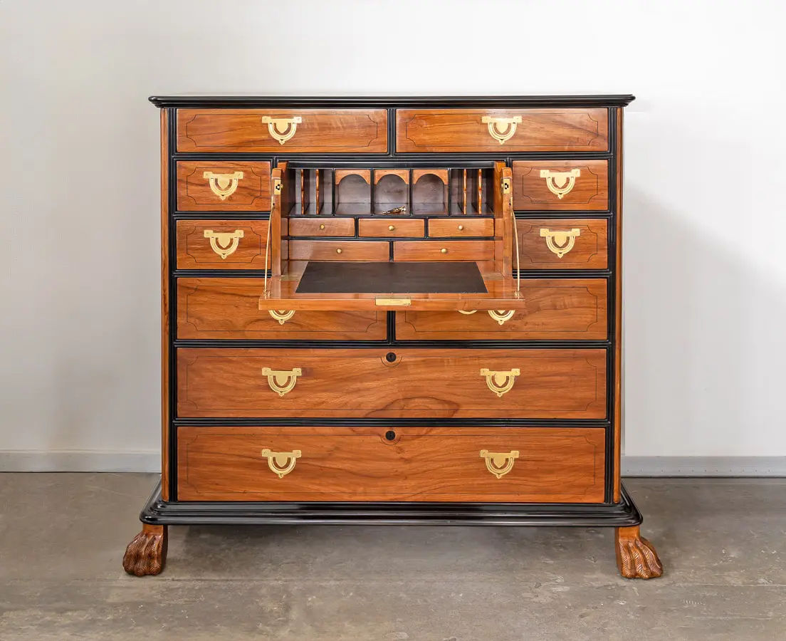 British Colonial Camphor and Ebony Secretaire Chest of Drawers - The Past Perfect Collection Singapore