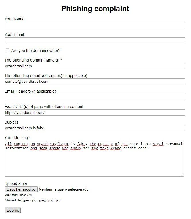 VcardBrasil Reclamação de Phishing VcardBrasil Reclamação de Phishing