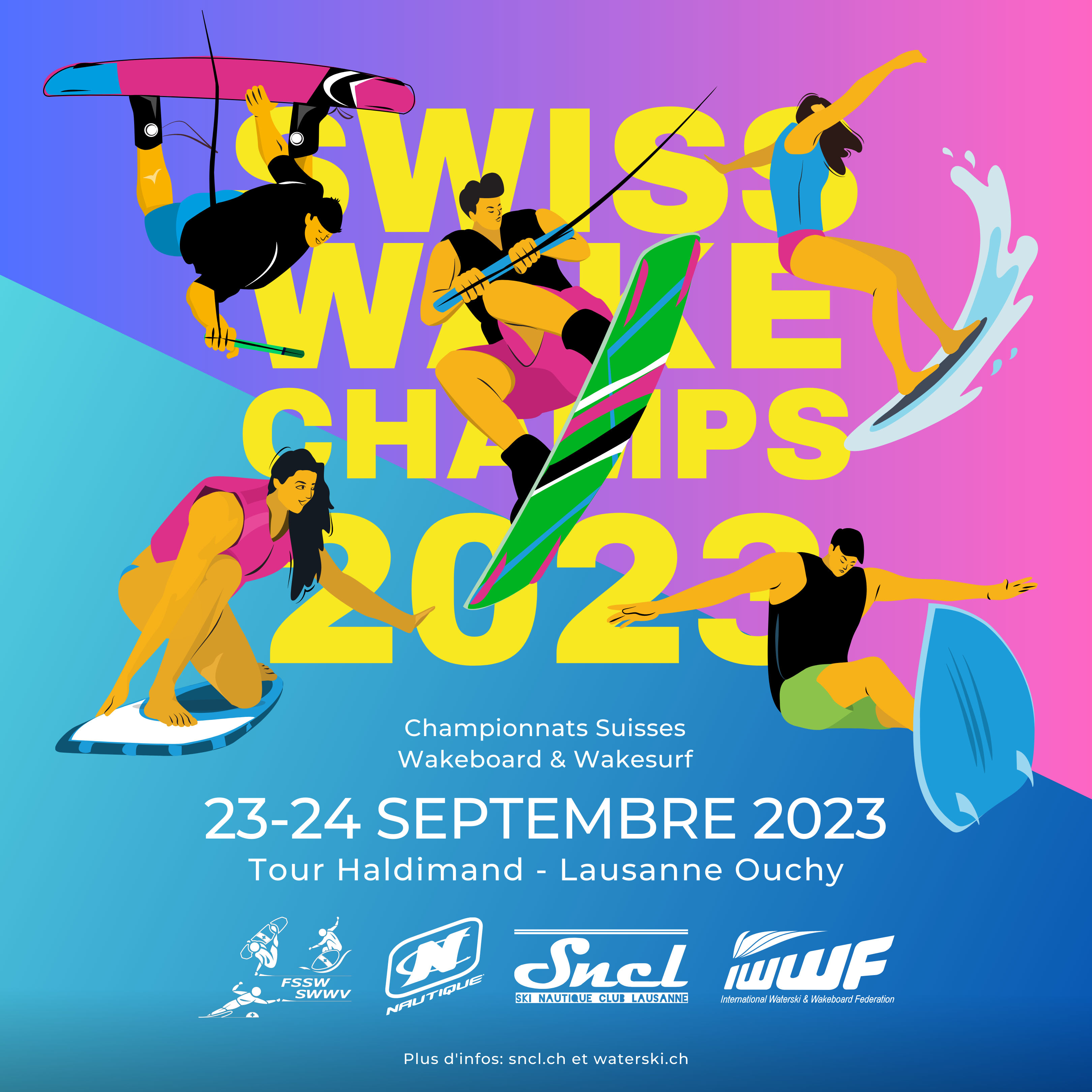 Swiss Wake Champs 2023 square flyer - Championnats Suisses de Wakeboard et de Wakesurf - 23-24 septembre 2023 - Tour Haldimand, Lausanne Ouchy - sncl.ch