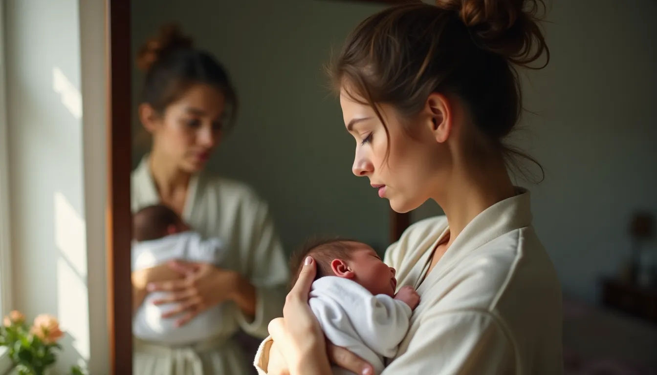 Madre abrazando a su bebé en un entorno cálido, simbolizando la conexión emocional y la transformación de la identidad materna