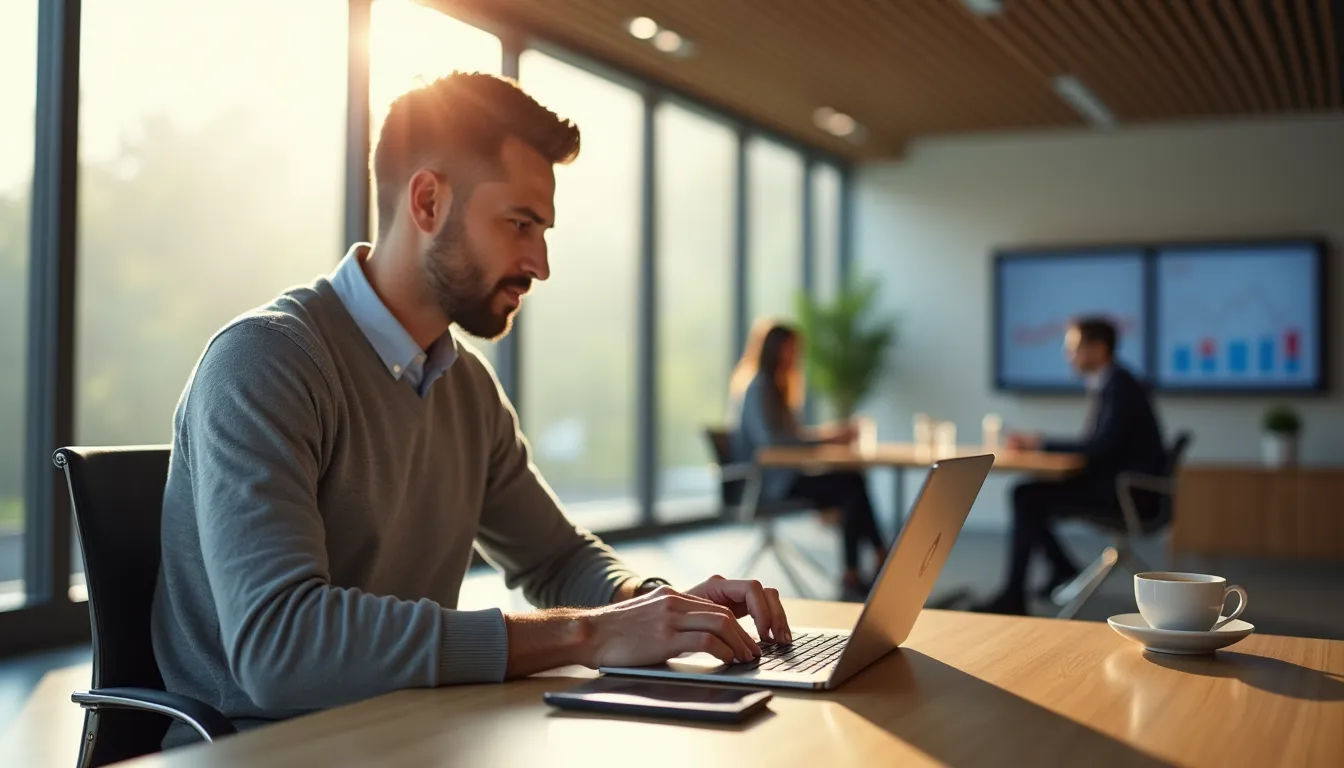 Representación digital de un ecosistema emprendedor: profesionales analizando gráficos, iconos de conectividad y comercio digital simbolizando B2B y B2C y la transformación digital