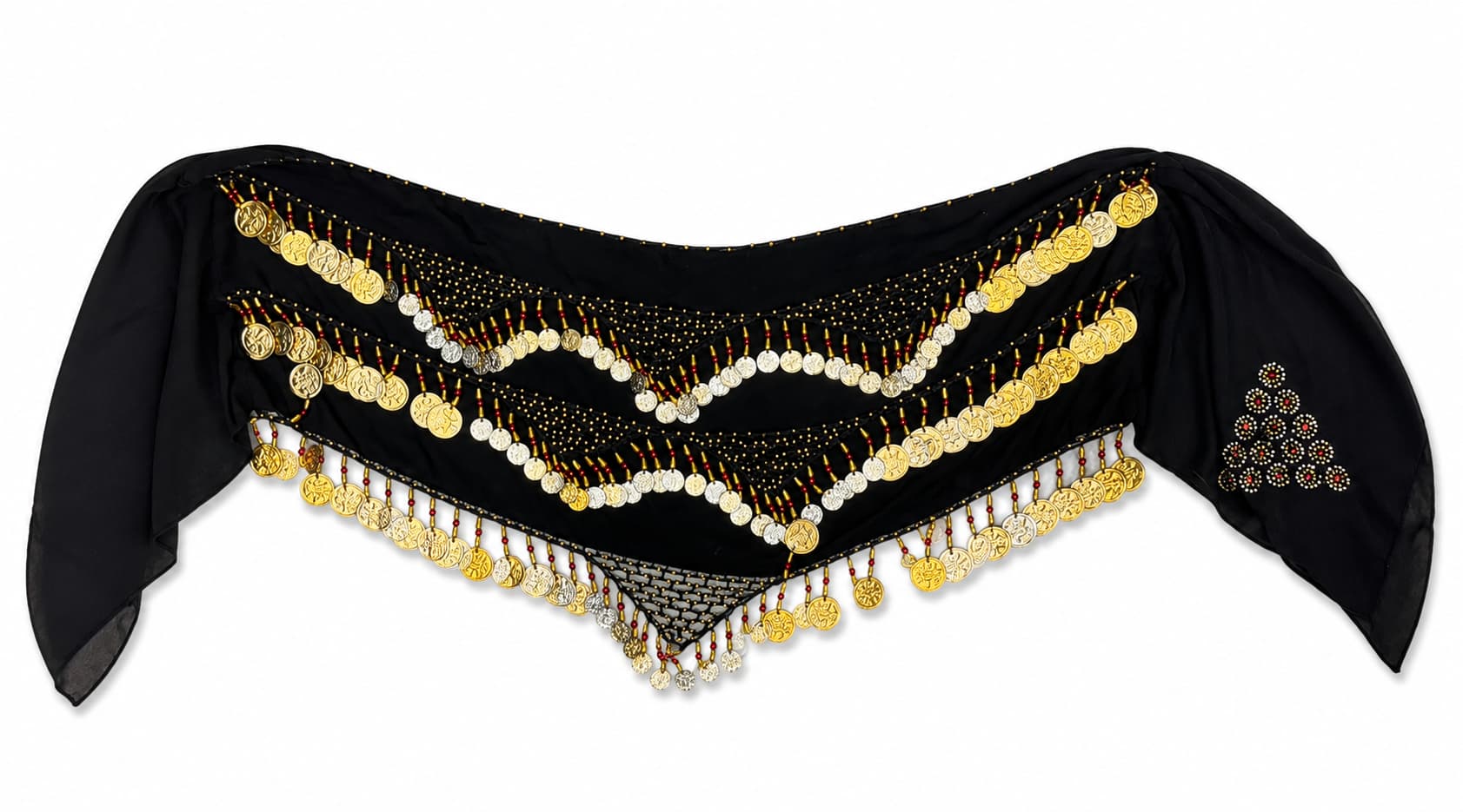 Black Belly Dance Hip Scarf - Mixed Gold & Silver Coin Belt with Rhinestone Accents for Dance, Costumes & Festivals