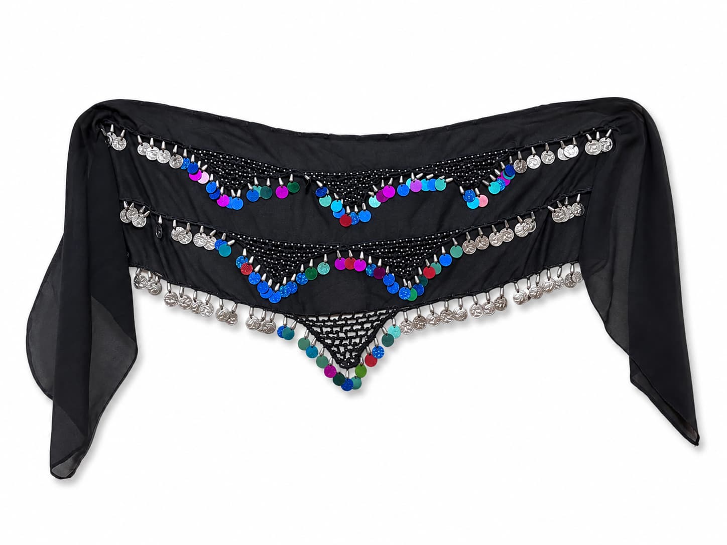 Black Belly Dance Hip Scarf - Chiffon Coin Belt with Colorful Sequins & Beads for Dance, Costumes & Festivals