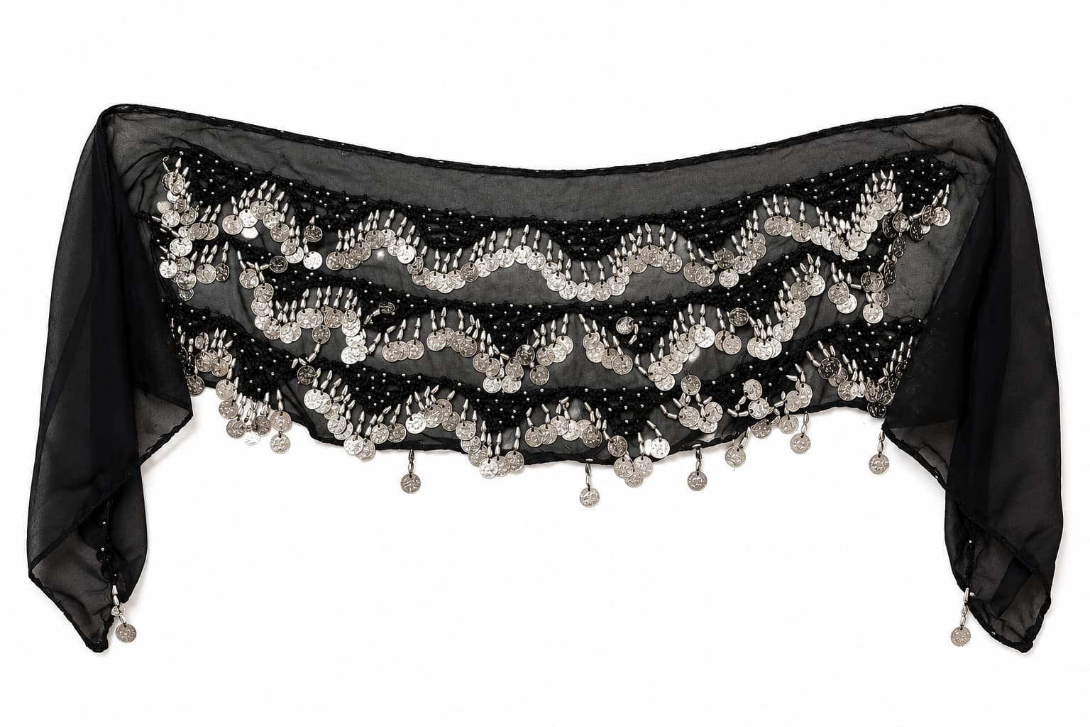 Small Black Chiffon Hip Scarf with Silver Coins