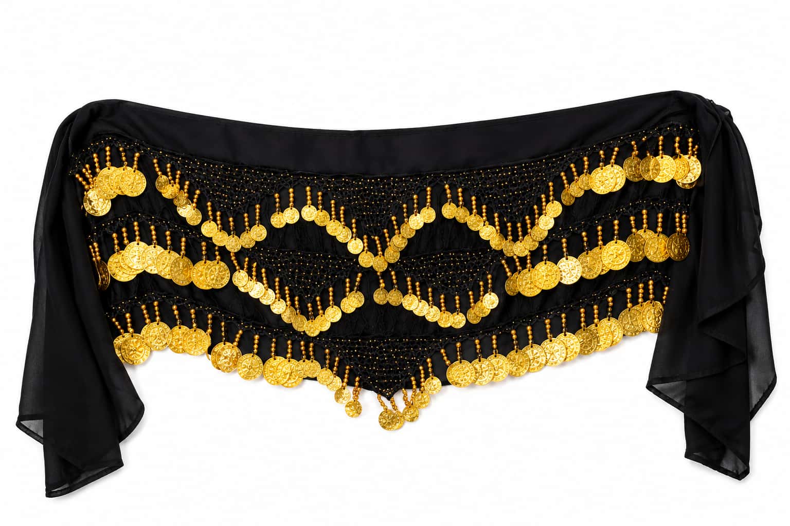 Black & Gold Belly Dance Hip Scarf - Chiffon Coin Belt with Gold Coins for Dance, Costumes & Festivals