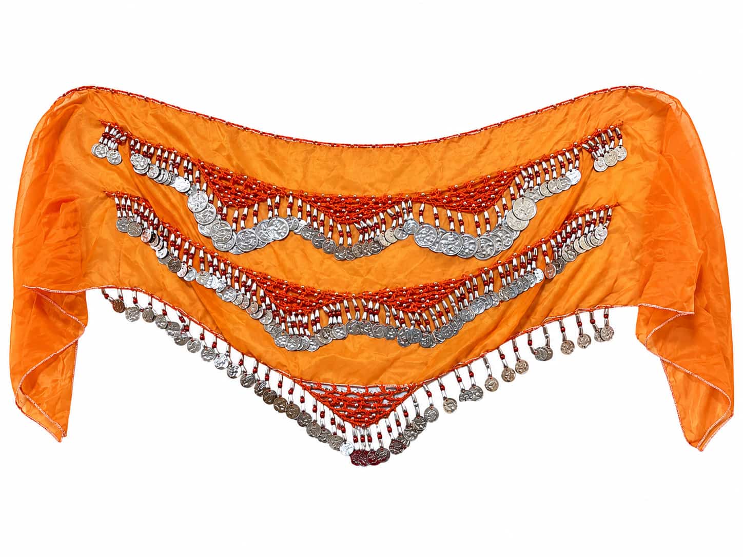 Vibrant Orange Belly Dance Hip Scarf - Chiffon Coin Belt with Silver Coins for Dance, Costumes & Festivals