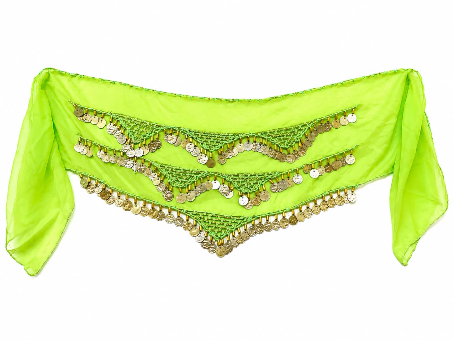 Lime Green Belly Dance Hip Scarf - Chiffon Coin Belt with Silver Coins for Dance, Costumes & Festivals