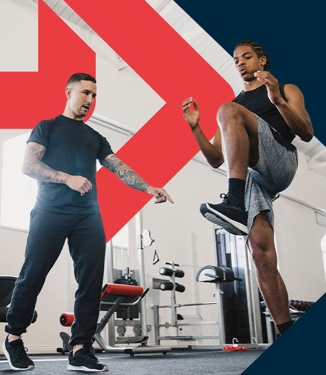 ACE Sports Performance Specialist guiding a young athlete through a leg and agility workout in the gym