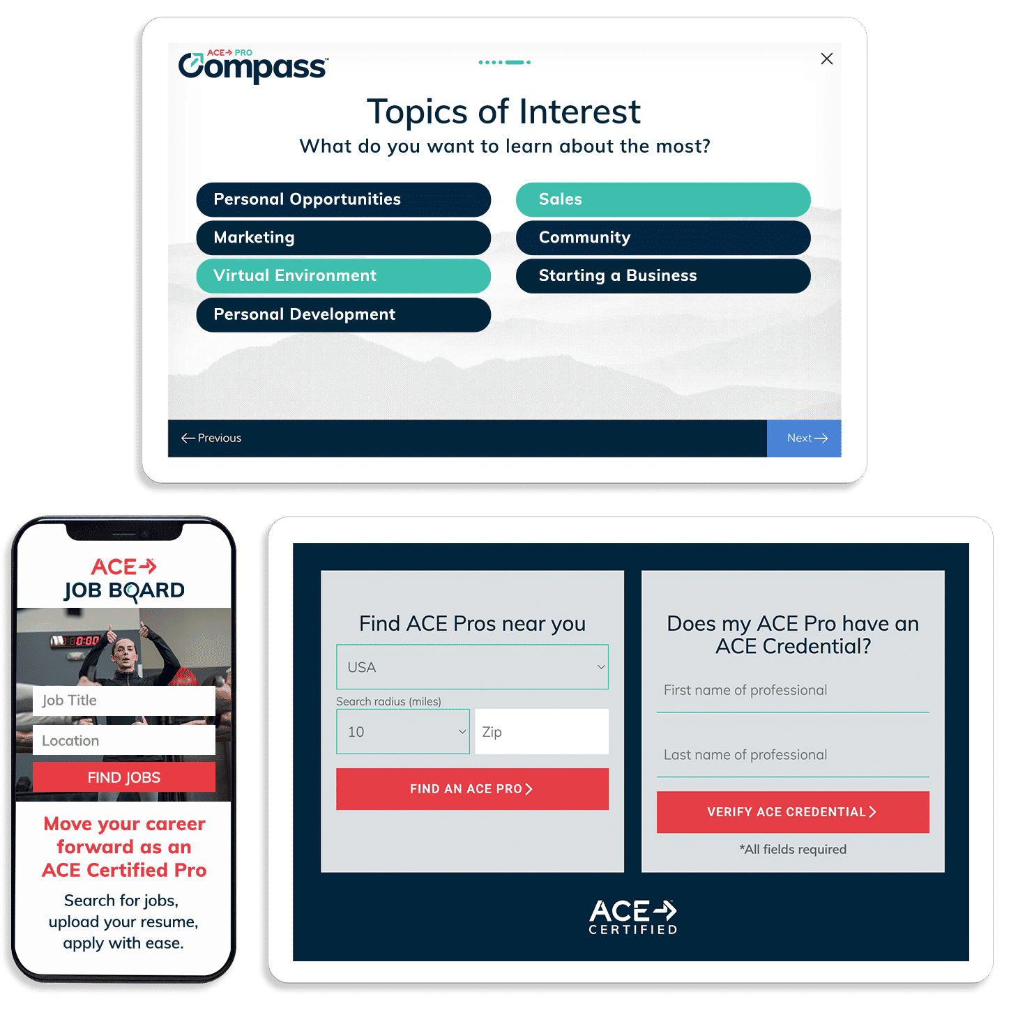a graphic marketing the ace career support web pages and app