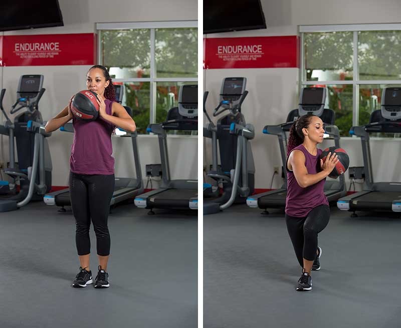 Reverse lunge with rotation with Medicine Ball