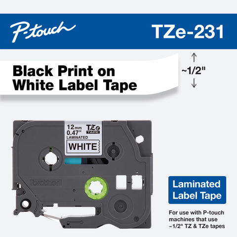Brother TZe-231 / TZ2-231 12mm × 8m Black on White Tape image