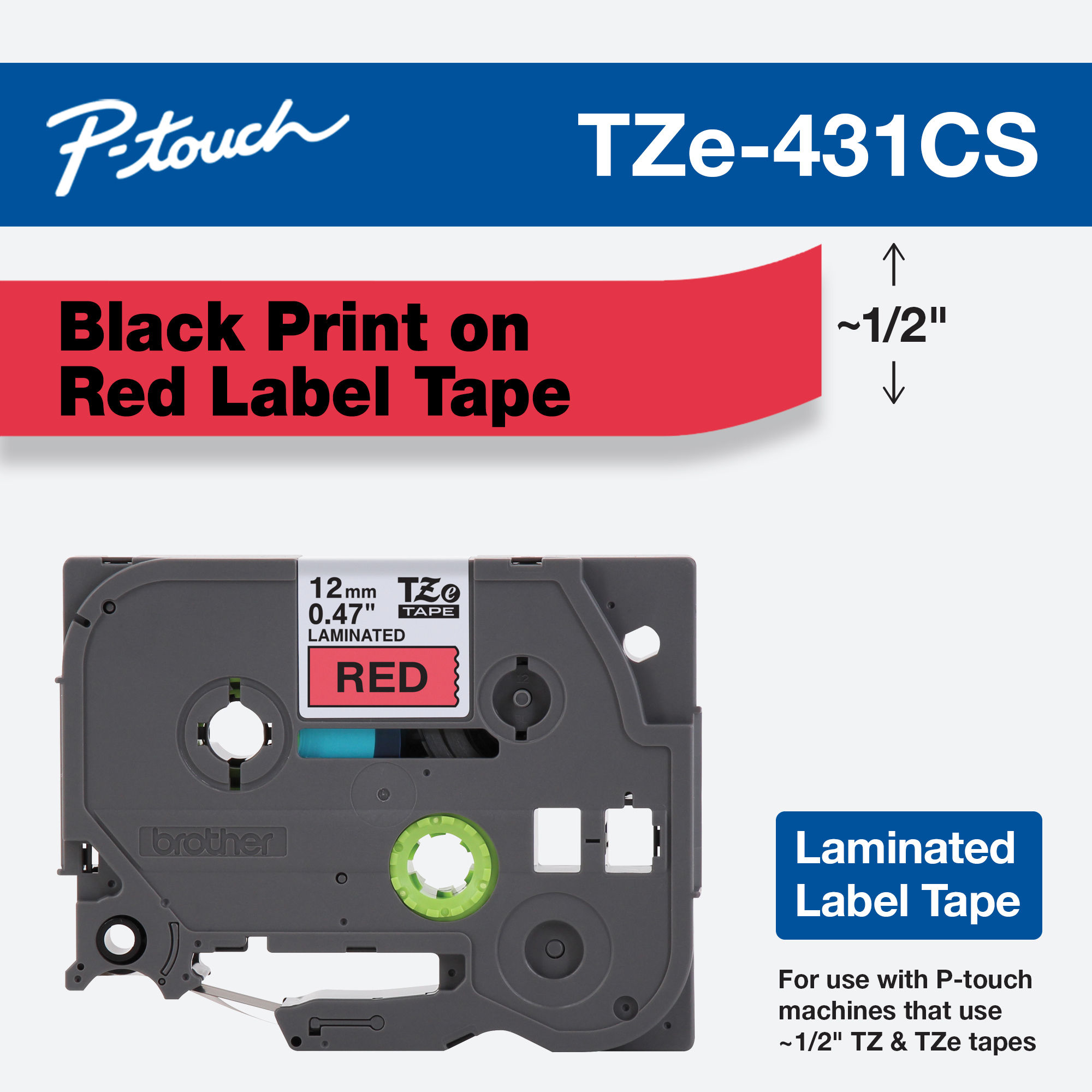 Brother TZe-431 / TZ2-431 12mm × 8m Black on Red Tape image