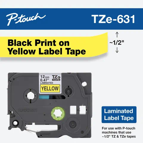 Brother TZe-631 / TZ2-631 12mm × 8m Black on Yellow Tape image