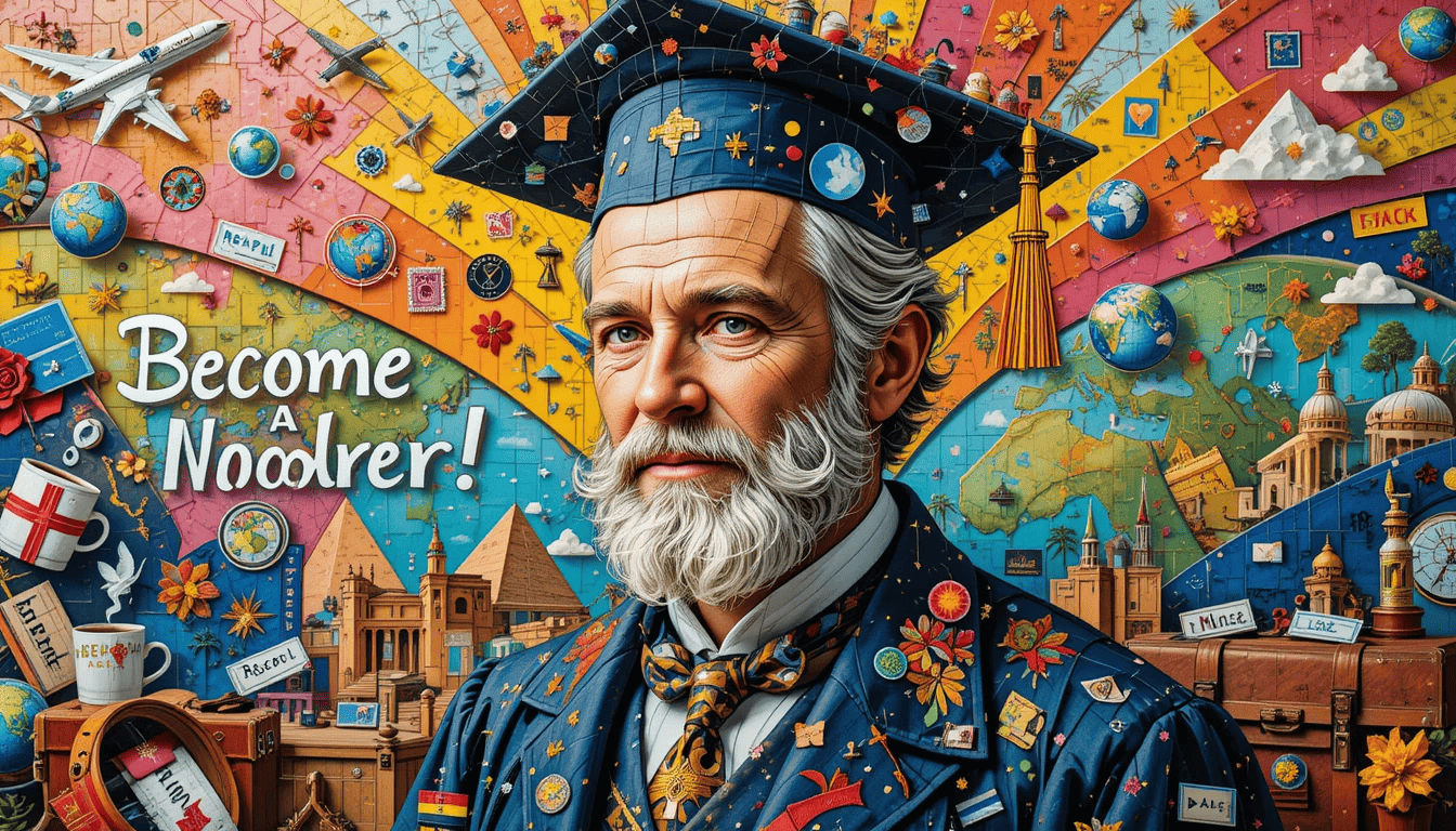 Colorful world travel illustration with graduate