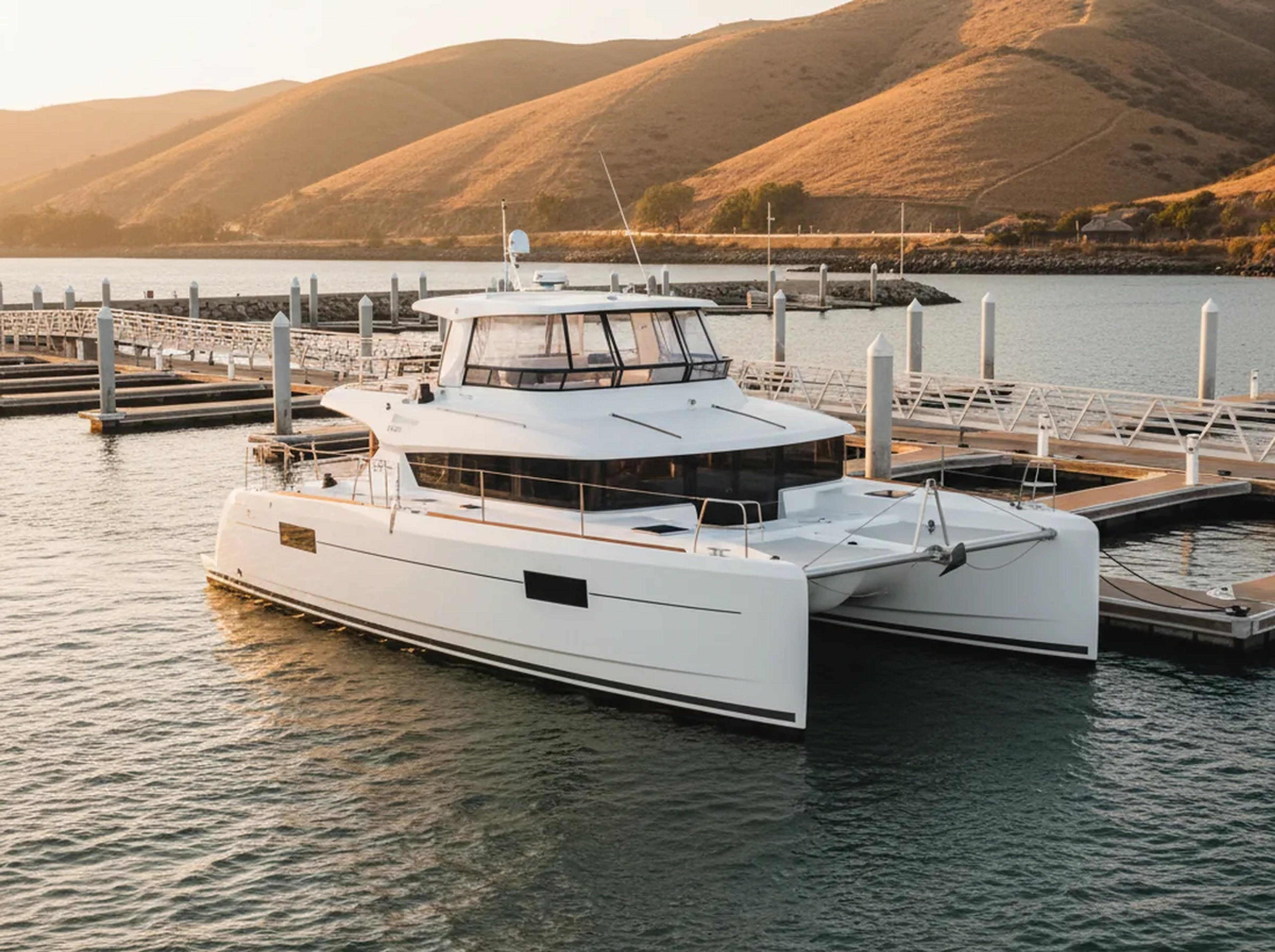 Modern catamaran berthed in a Southern California marina in late-afternoon light